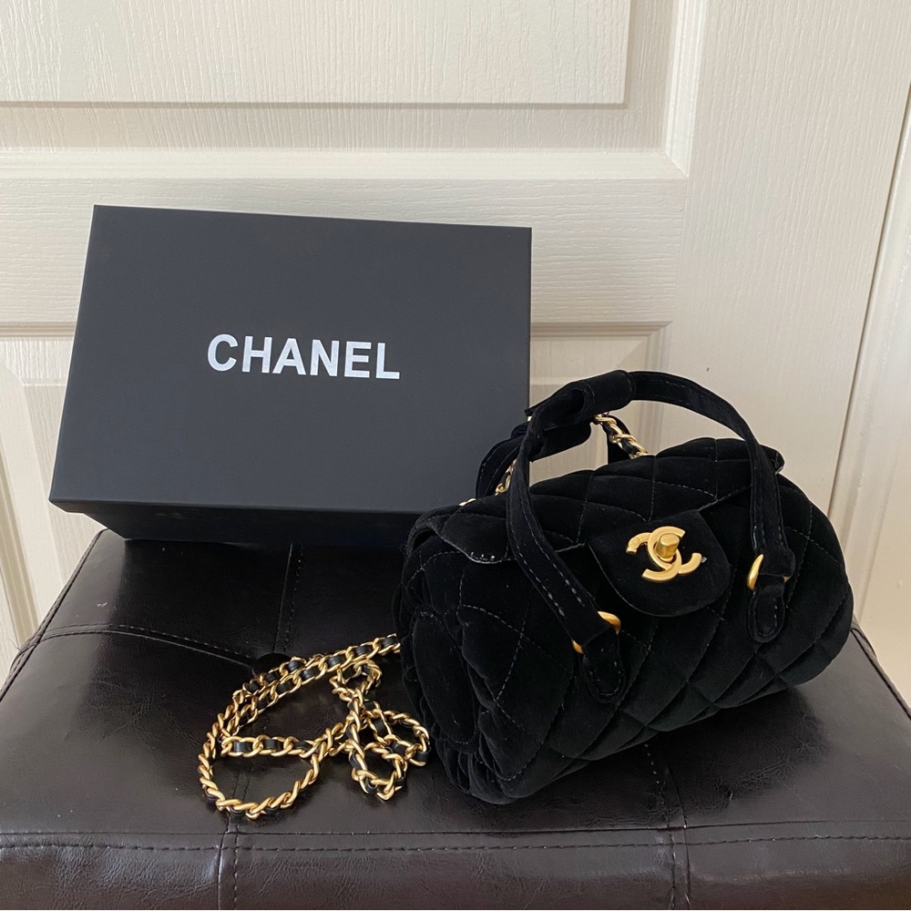 Brand New Chanel Made in Italy GWP Black Quilted Velvet Bowling Crossbody Bag